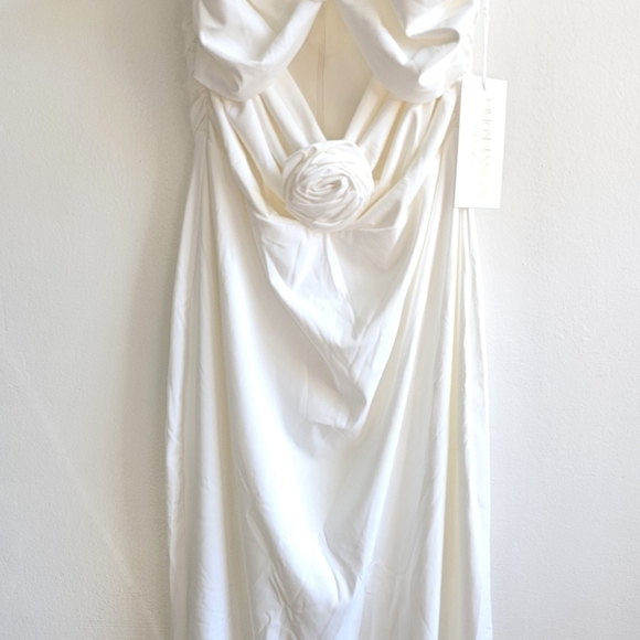 New Torn by Ronny Kobo Selena Strapless Cutout Rosette Bodycon Ivory Midi Dress - Picture 10 of 15